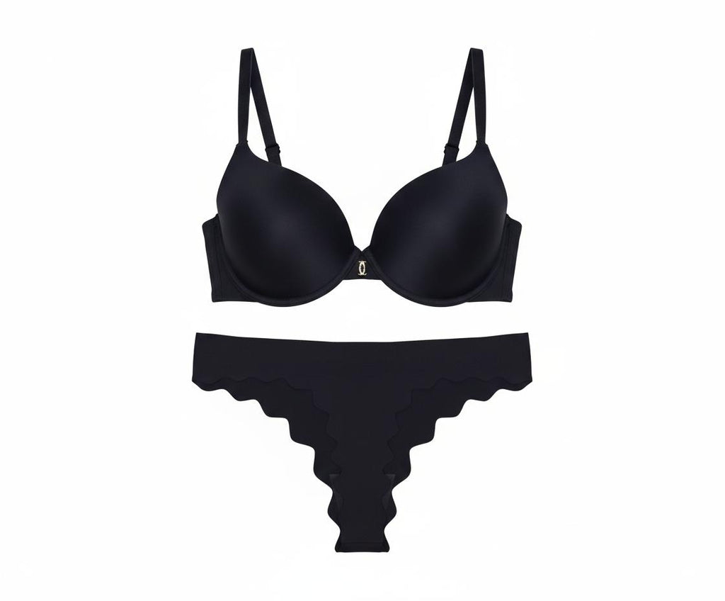 Ensemble Lingerie Microfibre Bleu - Noir - Soutien-Gorge Push-Up & Culotte Festonnée