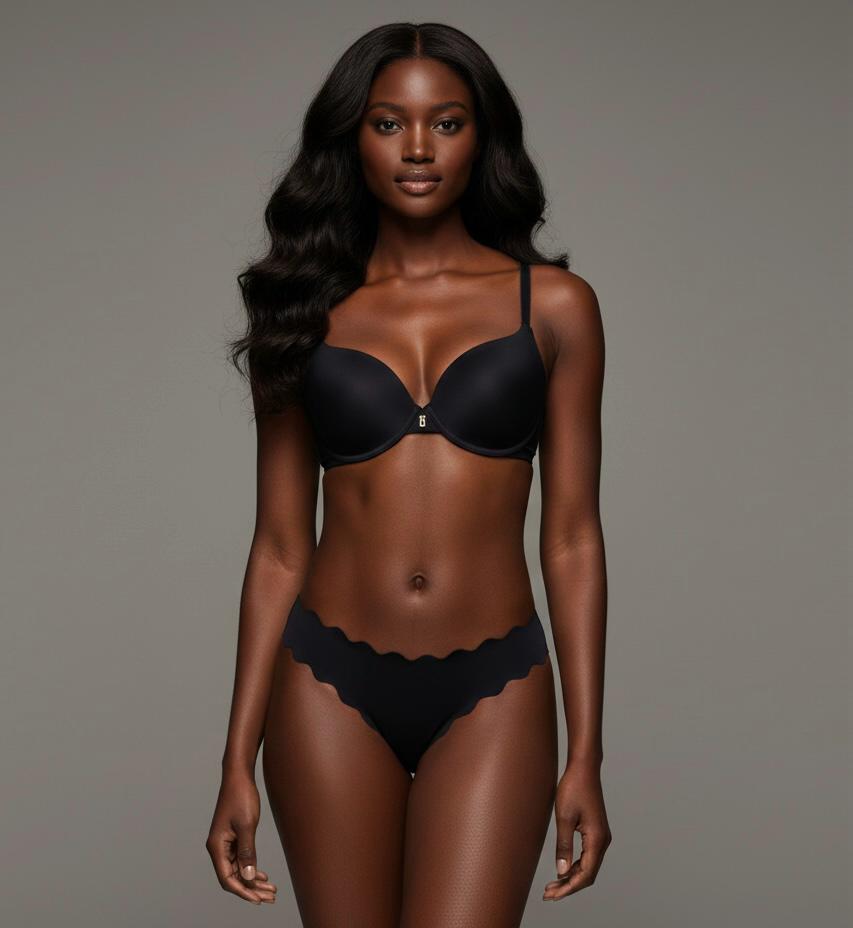 Ensemble Lingerie Microfibre Bleu - Noir - Soutien-Gorge Push-Up & Culotte Festonnée