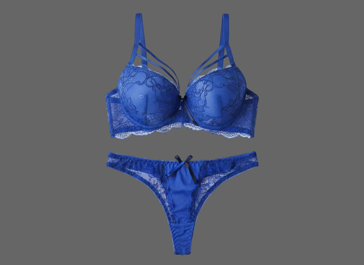 Ensemble Lingerie Dentelle Bleu Royal Antime - Soutien-Gorge Push-Up & String
